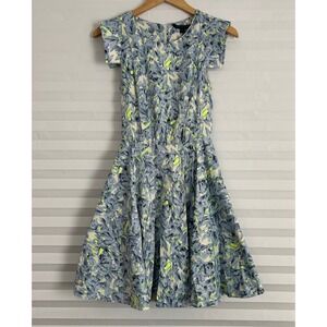 Felicity & Coco Blue Grey Neon Yellow Floral Fit and Flare Dress Small